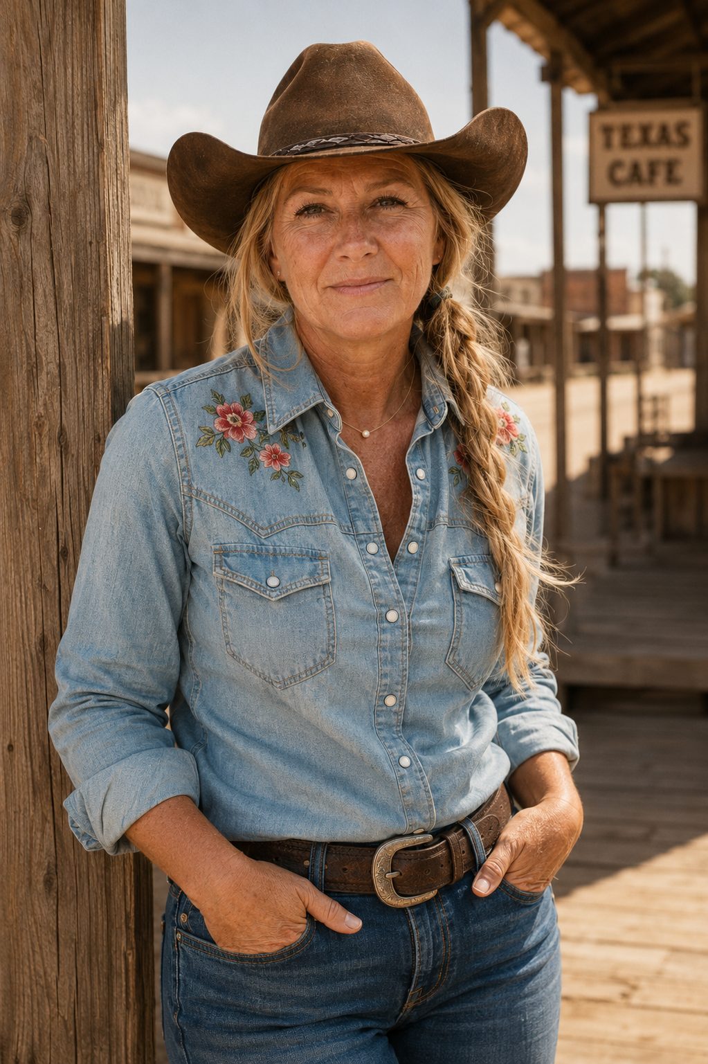 Sarah Jane Harrison in a denim western shirt and brown cowboy hat