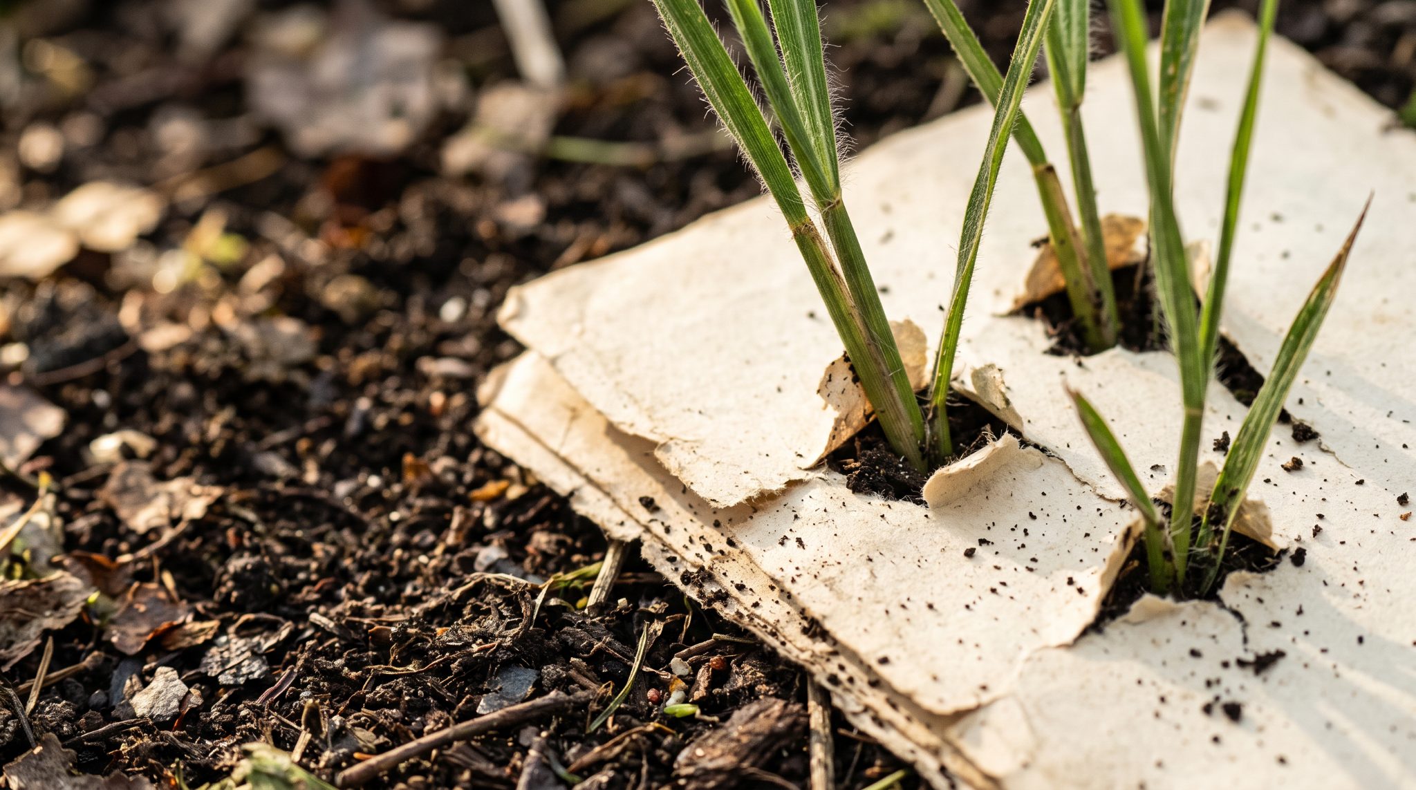 Grass taking root through layers of earth and paper